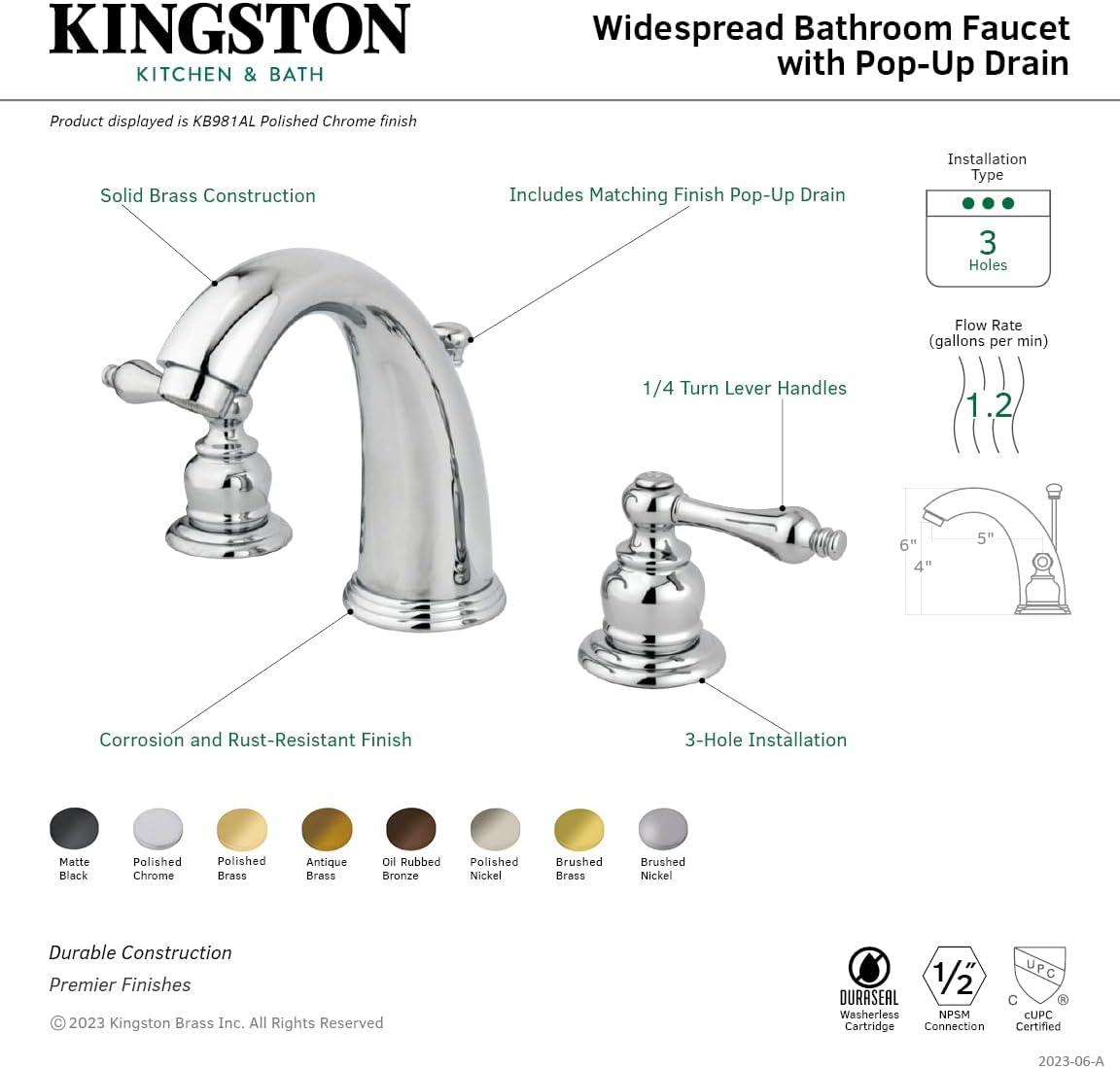 Kingston Brass Victorian Two-Handle 3-Hole Deck Mount Widespread Bathroom Faucet with Retail Pop-Up Drain