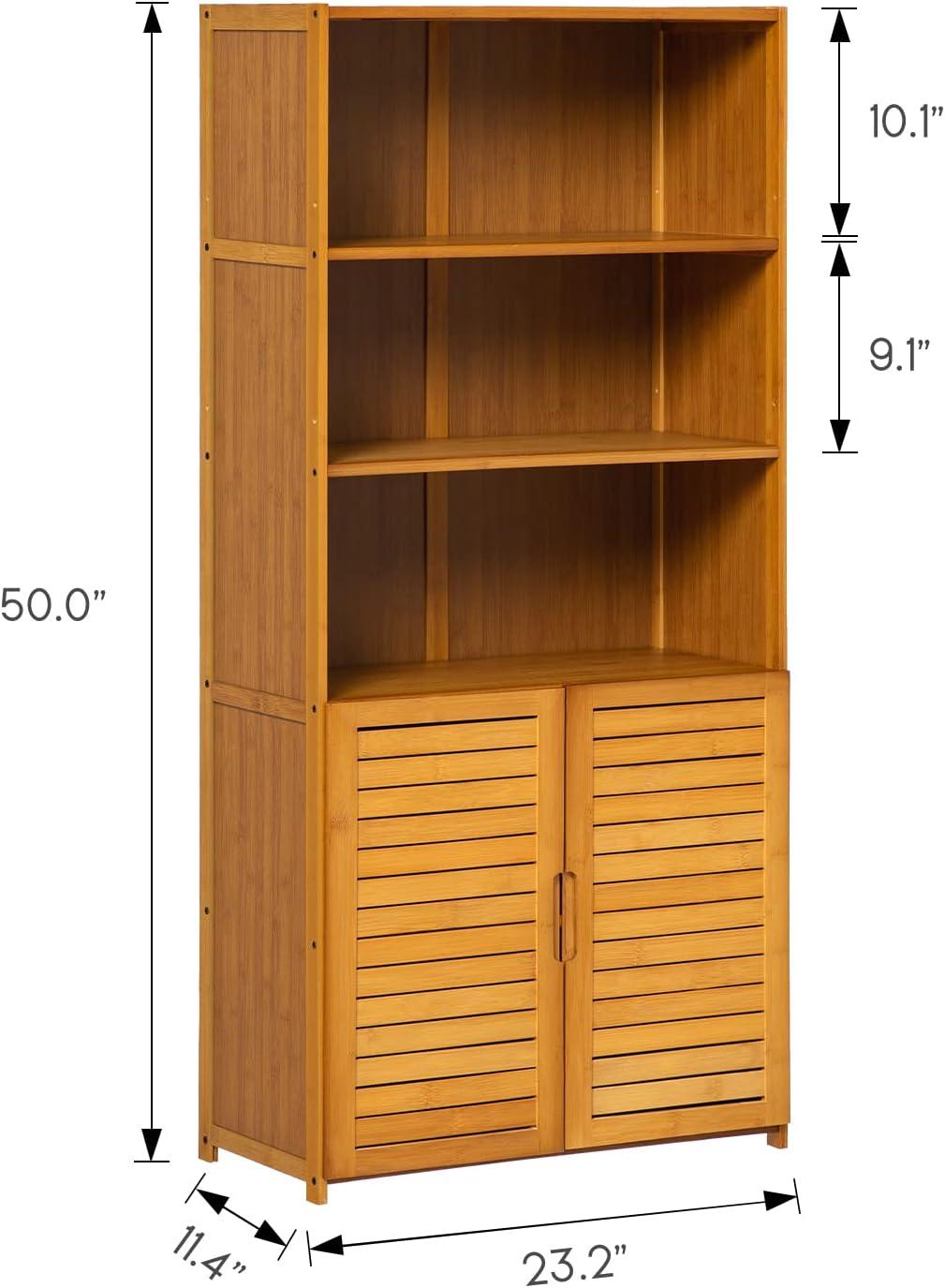 Brown Bamboo 5-Tier Bookcase with Shutter Doors