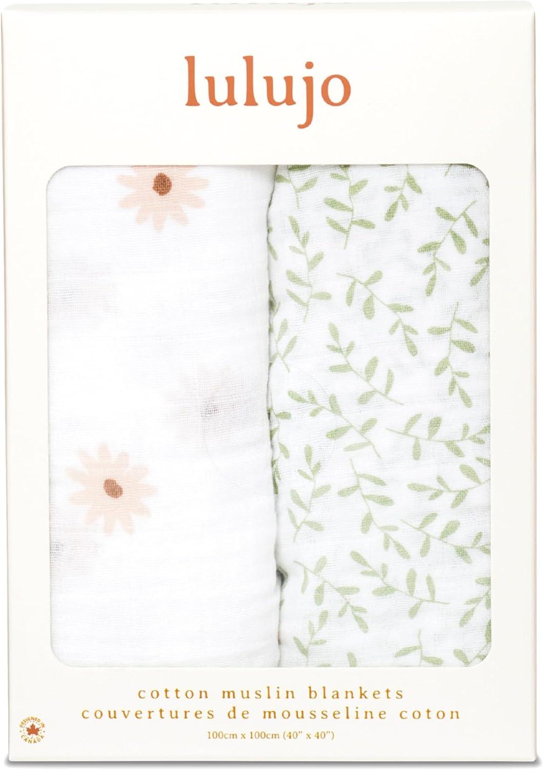 Lulujo Baby Swaddle Blankets | Unisex Softest Breathable Cotton Muslin Swaddle Blanket Set | Neutral Receiving Blanket for Girls & Boys | 40in x 40in | Daisies & Greenery | 2-Count