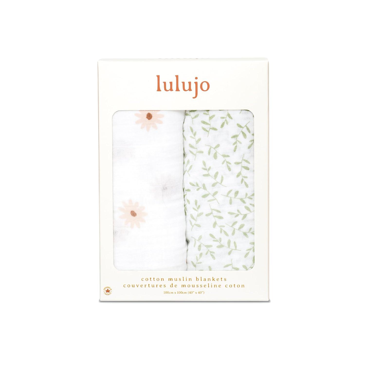 Lulujo Baby Swaddle Blankets | Unisex Softest Breathable Cotton Muslin Swaddle Blanket Set | Neutral Receiving Blanket for Girls & Boys | 40in x 40in | Daisies & Greenery | 2-Count