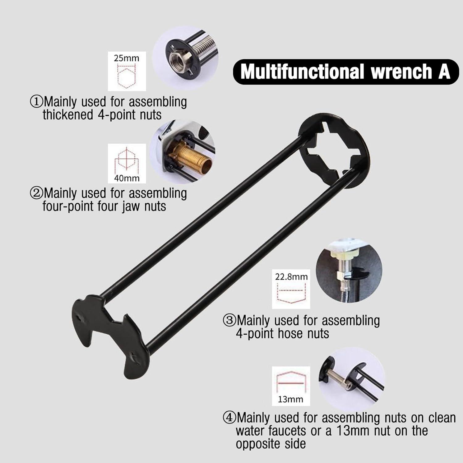 2pcs Basin Wrench Multifunctional Sink Wrench 7 Sizes Faucet Tool Four-jaw Hex Spanner Universal Plumbers Tool for Tight Spaces Kitchen Bathroom Home