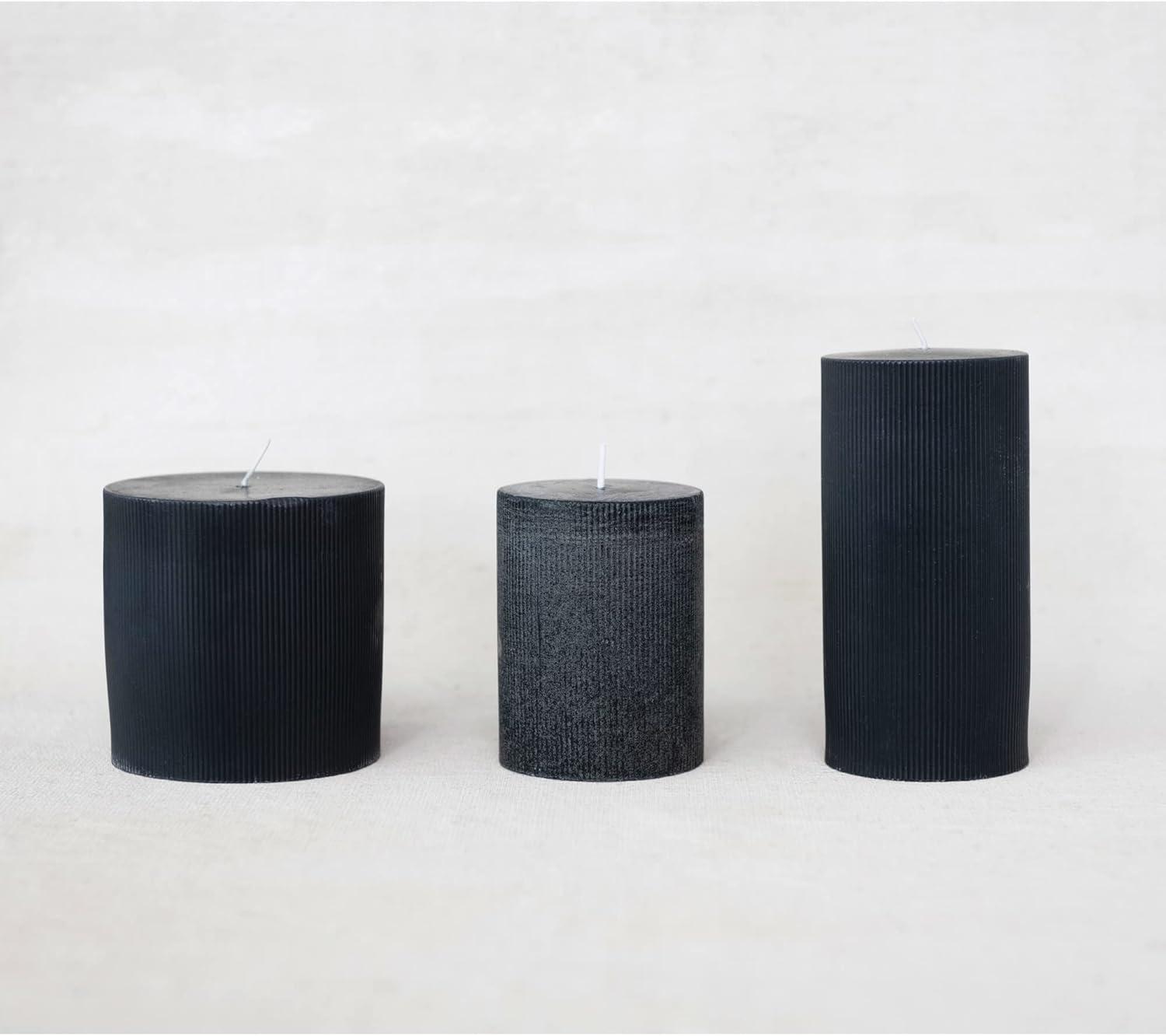 Unscented Pleated Pillar Candle in Powder Finish, Black Noir