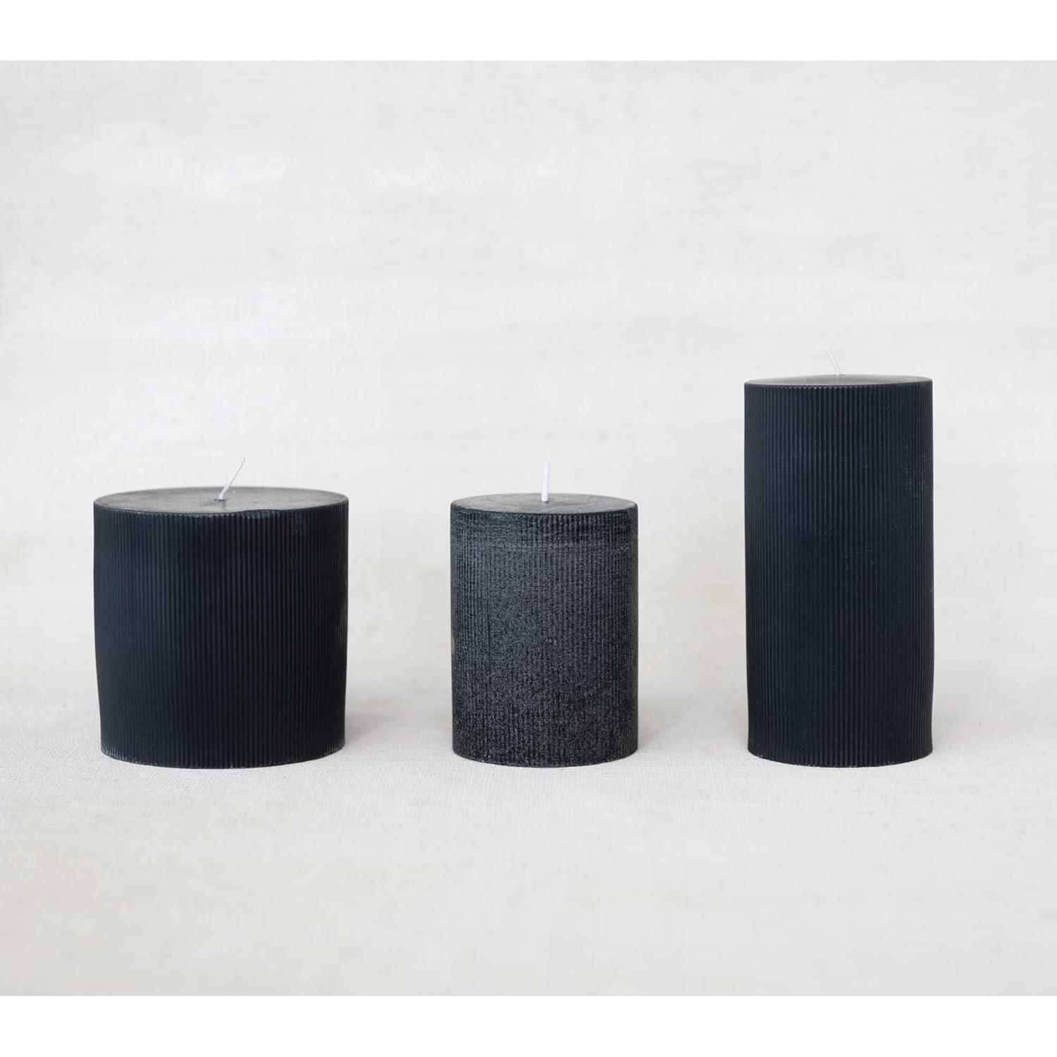 Unscented Pleated Pillar Candle in Powder Finish, Black Noir