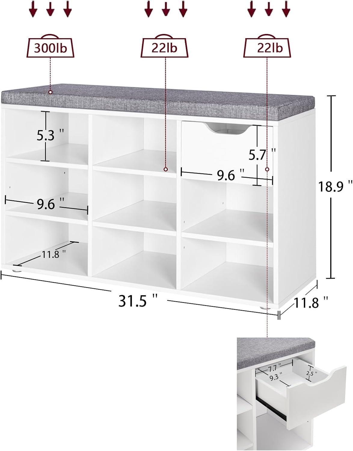 White Entryway Shoe Bench with Drawer and Gray Cushion