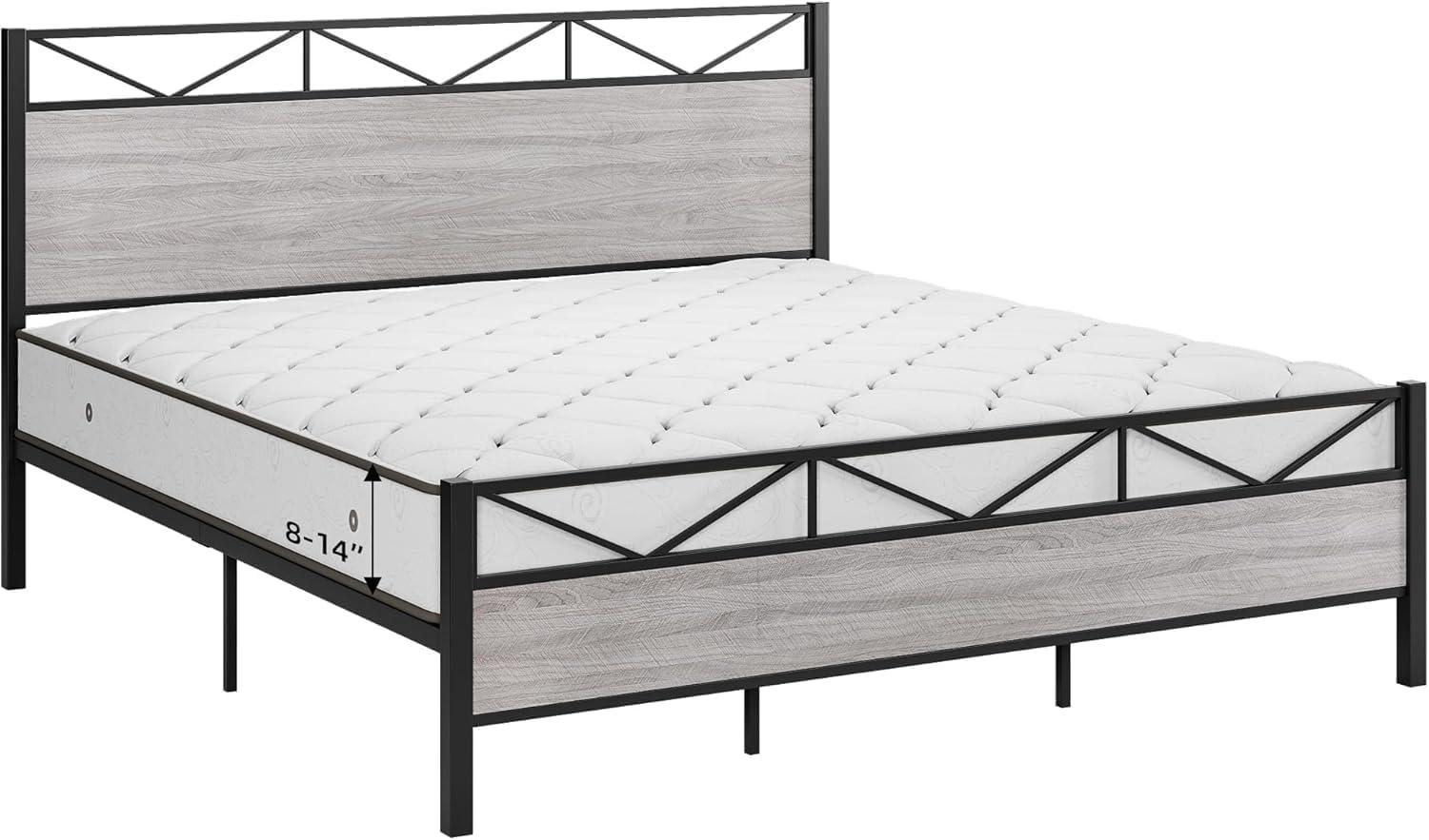 FOLDLIFE Queen Size Bed Frame with Headboard, Sturdy Platform Bed with 14 Metal Slats, 11'' Under-Bed Storage, Noise-Free Design