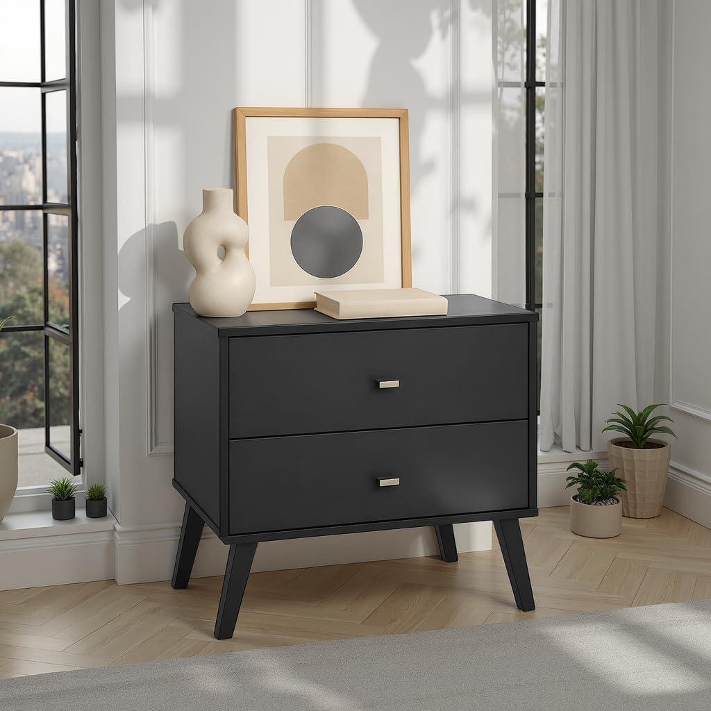 Mid Century Modern 2 Drawer Wide Nightstand Black - Prepac: Sleek Bedside Furniture, Tapered Legs