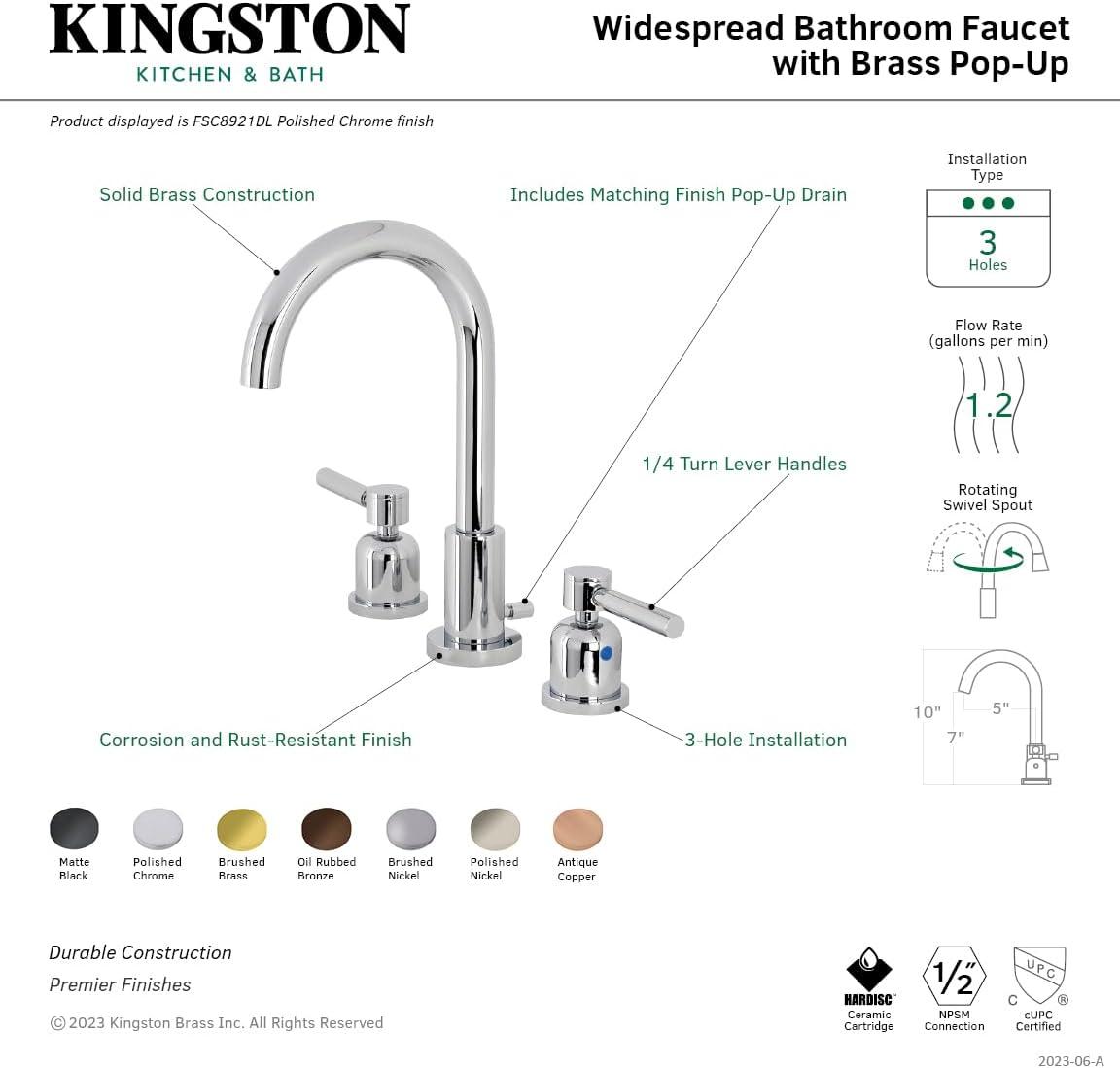 Kingston Brass Concord Two-Handle 3-Hole Deck Mount Widespread Bathroom Faucet with Brass Pop-Up Drain