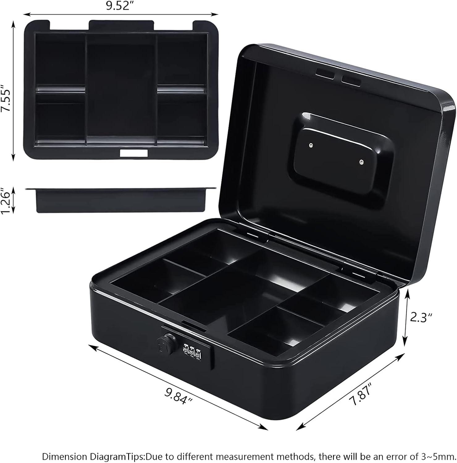 KYODOLED Large Cash Box with Combination Lock Safe Metal Money Box with Money Tray for Security Lock Box 9.84"x 7.87"x 3.54" Black Large Black