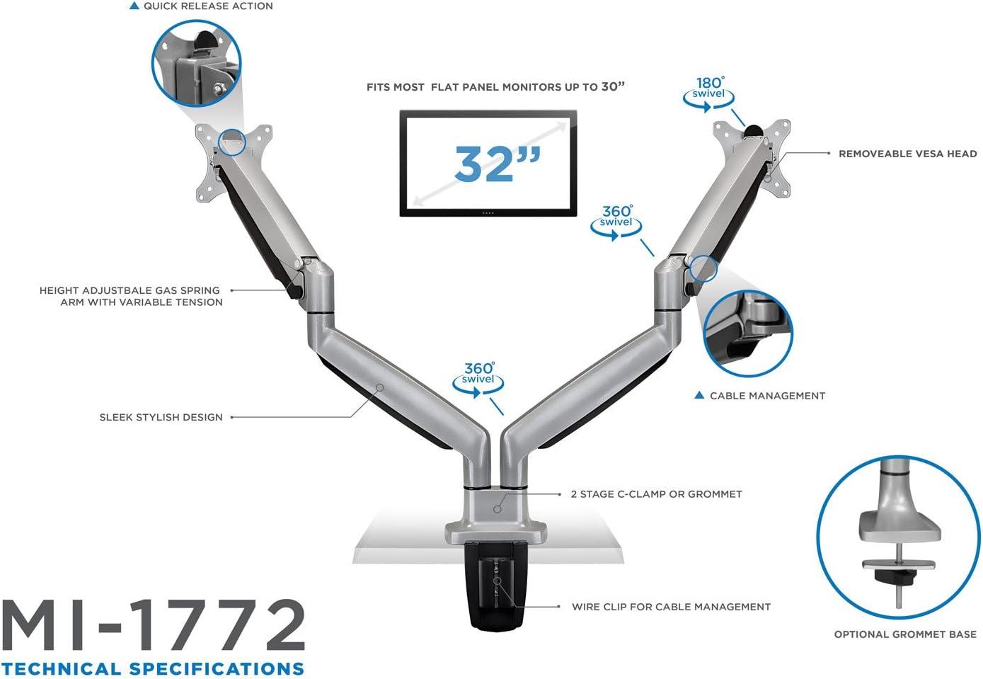 Mount-It! Dual Monitor Arm Mount Desk Stand Two Articulating Gas Spring Height Adjustable Arms | Fits Up To 32" | C-Clamp and Grommet Bases | Silver