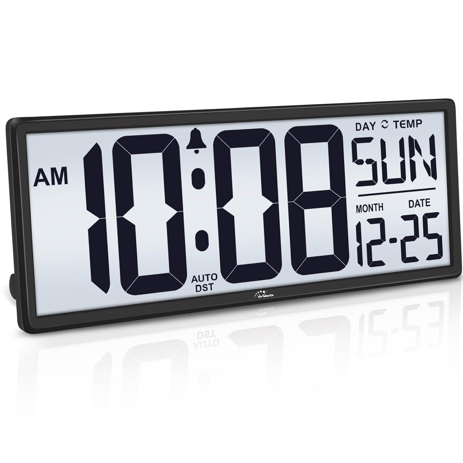 14.5" Large Digital Wall Clock Battery Operated with Jumbo Numbers Digits LCD Screen Display,Temperature,Day and Date,Alarm,Easy to Read and Set, Auto DST for Bedroom,Office,Living Room（Black）