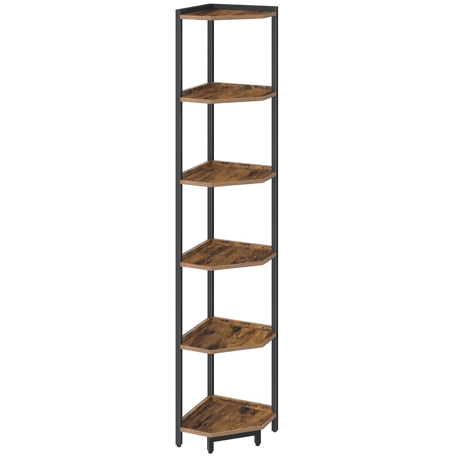Corner Shelf Stand, Corner Bookshelf, Storage Standing Shelf Unit with Metal Frame, Plant Stand, Corner Bookcase for Living Room, Home Office, Bedroom, 4-Tier Rustic Brown CS05801B