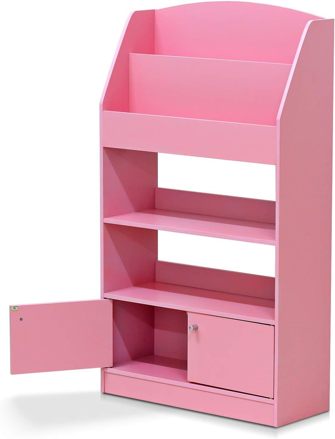 Contemporary Laminated Pink Wood Bookshelf for Kids with 4 Tiers and Cabinet