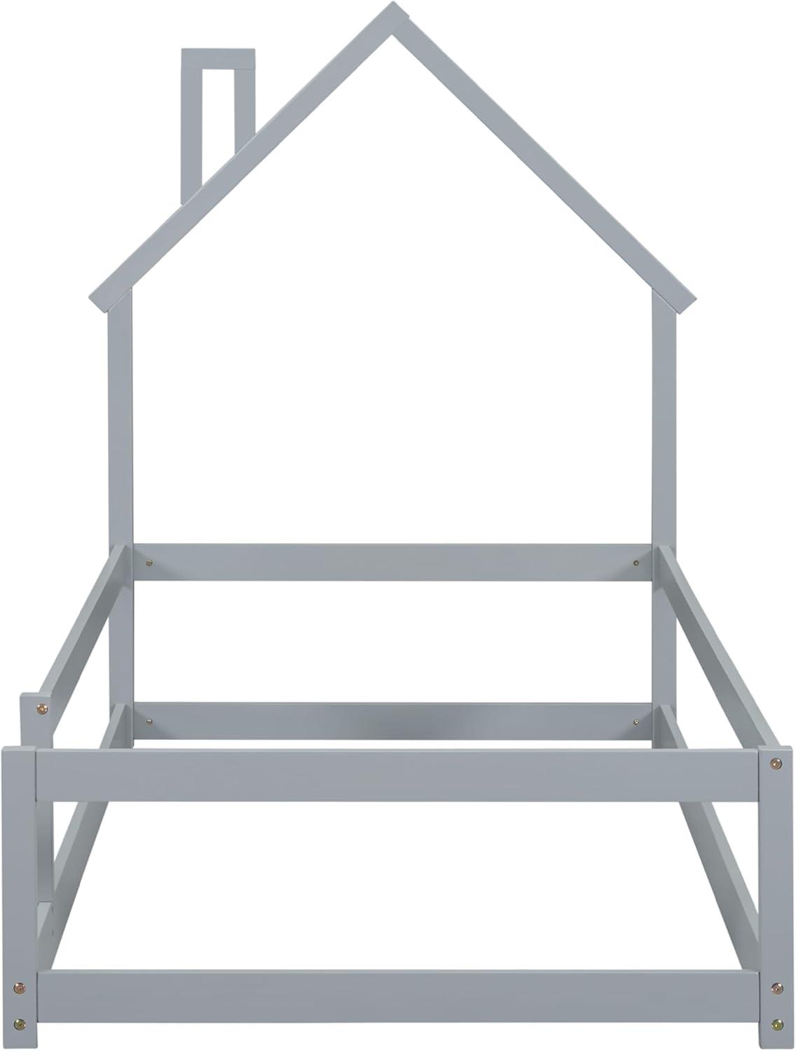 Kids Montessori Floor Bed, Twin Size Wooden Floor Bed Frame with Fences Guardrails and House Shape Headboard, Without Slats Support, Grey