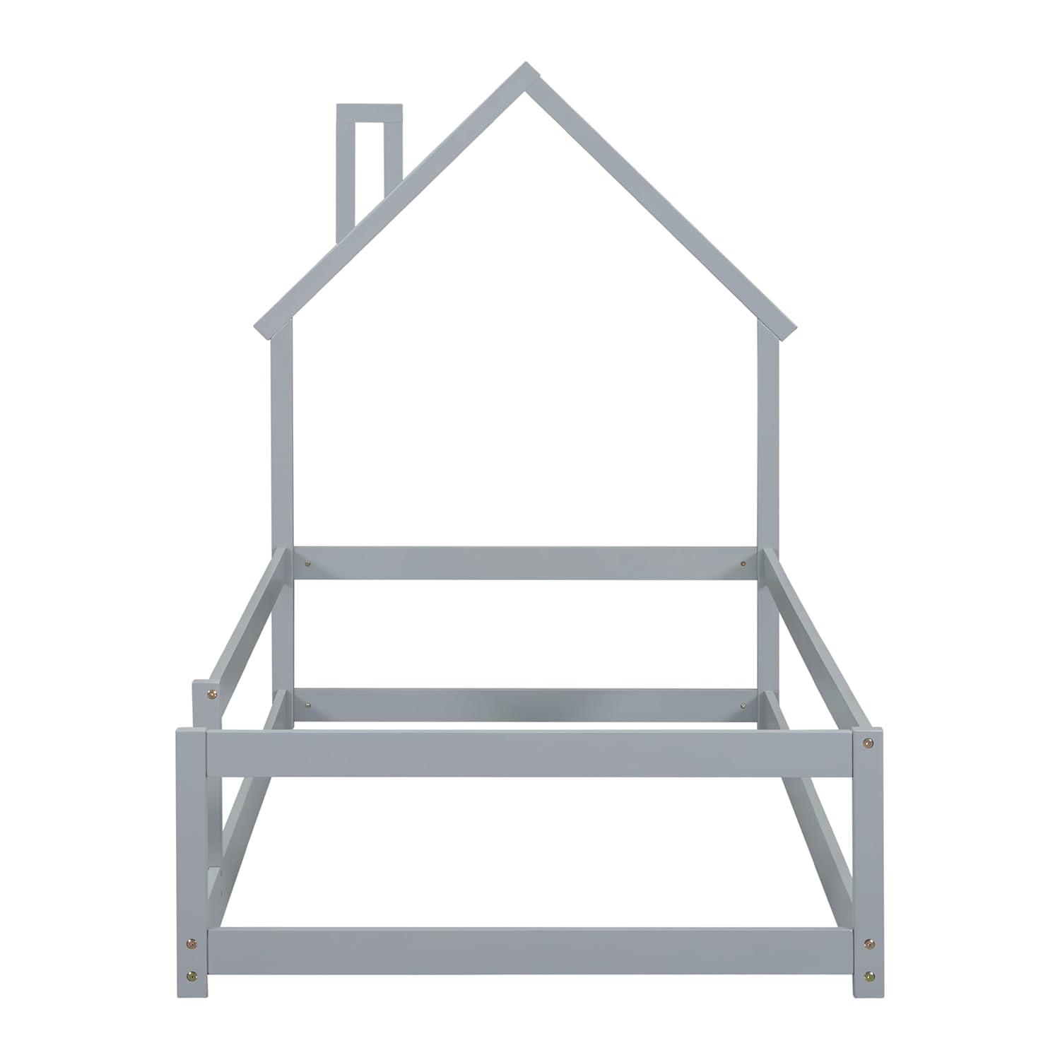 Kids Montessori Floor Bed, Twin Size Wooden Floor Bed Frame with Fences Guardrails and House Shape Headboard, Without Slats Support, Grey
