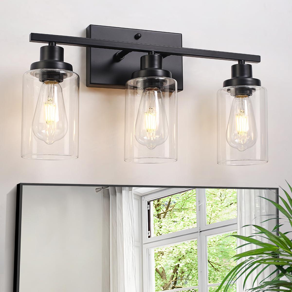 3-Light Bathroom Light Fixtures Bathroom Vanity Lights with Clear Glass Shades Matte Black Bathroom Light Fixtures over mirror for Mirror Living Room Cabinet Bedroom Porch