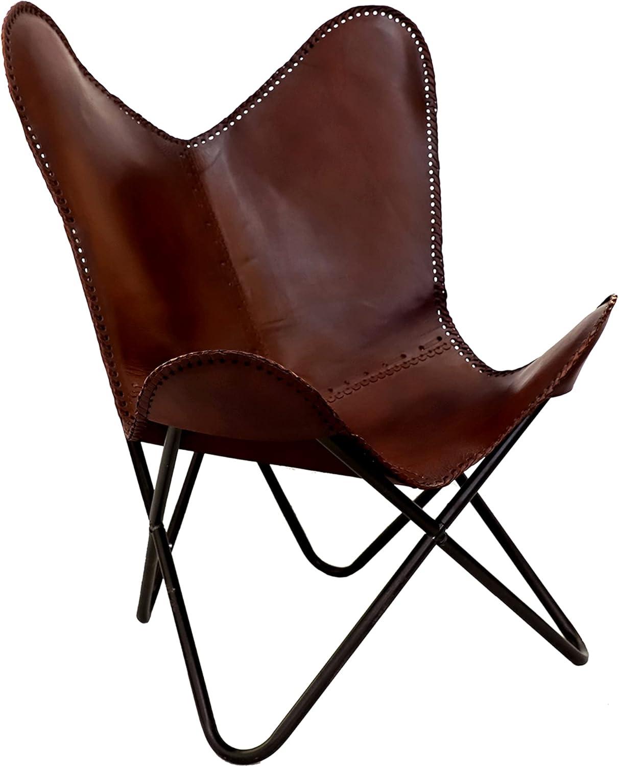 Anself Butterfly Chair Real Leather Upholstery Chair with Powder-Coated Iron Frame Chair for Living Room Bedroom Home Furniture 29.1 x 26 x 35.4 Inches (W x D x H)