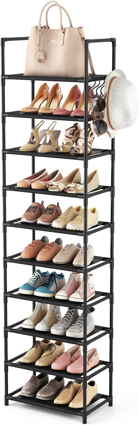 10-Tier Black Metal and Fabric Shoe Rack with Hooks