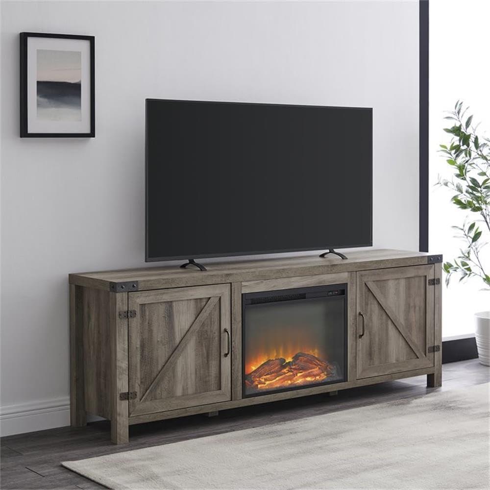 70" Grey Wash Rustic Farmhouse Fireplace TV Stand with Cabinet