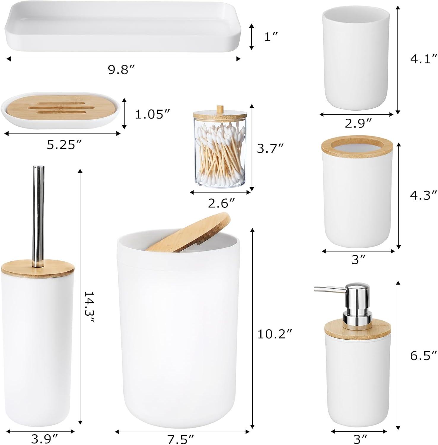 White Plastic 9-Piece Bathroom Accessory Set with Bamboo Accents