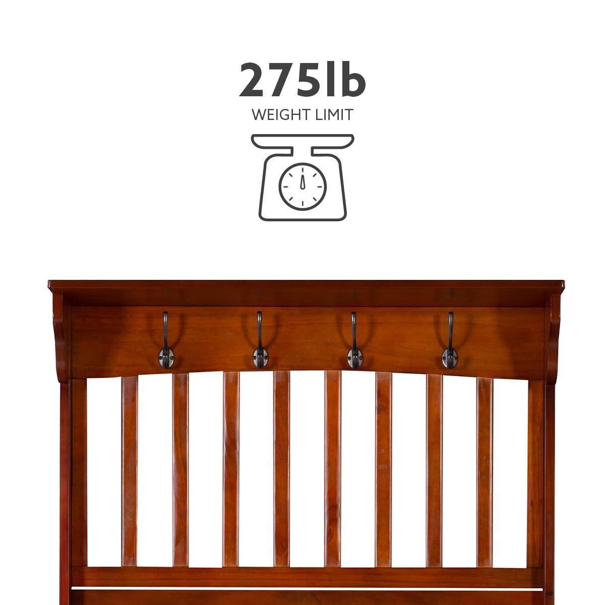 Misson Traditional 4 Double Hooks Storage Bench Top Shelf Hall Tree Walnut Finish - Linon: Entryway Organizer, Flip-up Seat