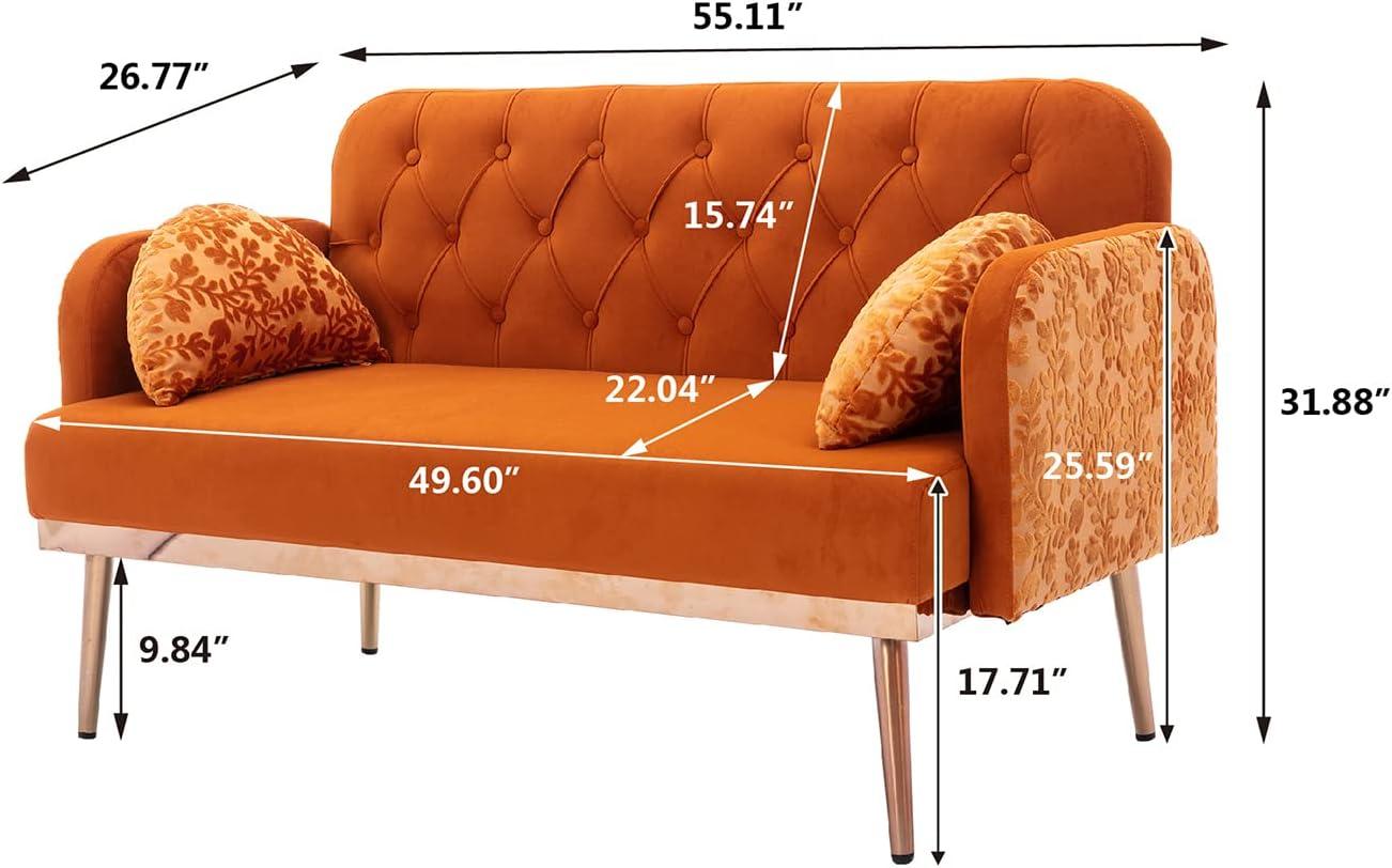 55-inch Small Velvet Couch with Elegant Moon Shape Pillows, Twin Size Loveseat Accent Sofa with Golden Metal Legs, Living Room Sofa with Tufted Backrest, 600 Pounds Weight Capacity-Orange