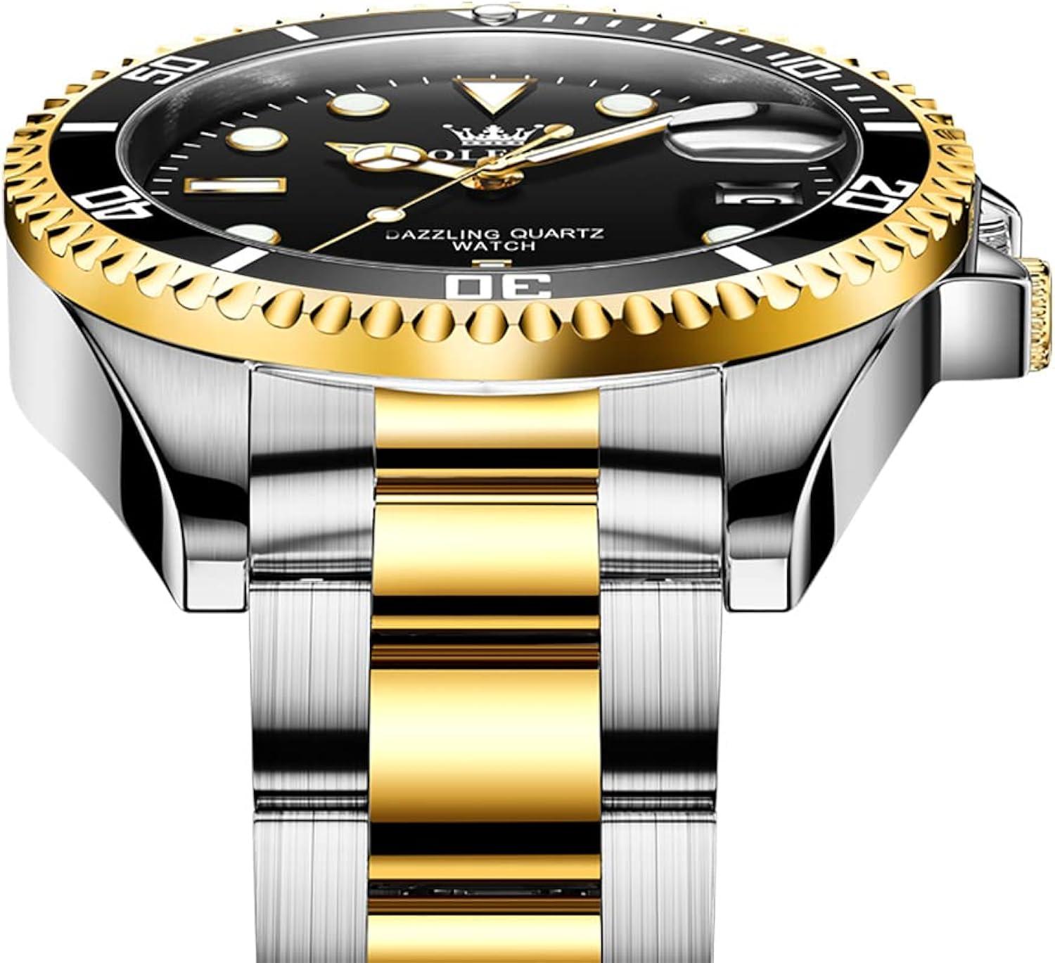 OLEVS Men Watch,Big Dial Watches for Men Stainless Steel Watch with Day Waterproof Analog Quartz Watches for Man Classic Business Wristwatch Luxury Luminous Round for Men Rotatable Bezel Watch