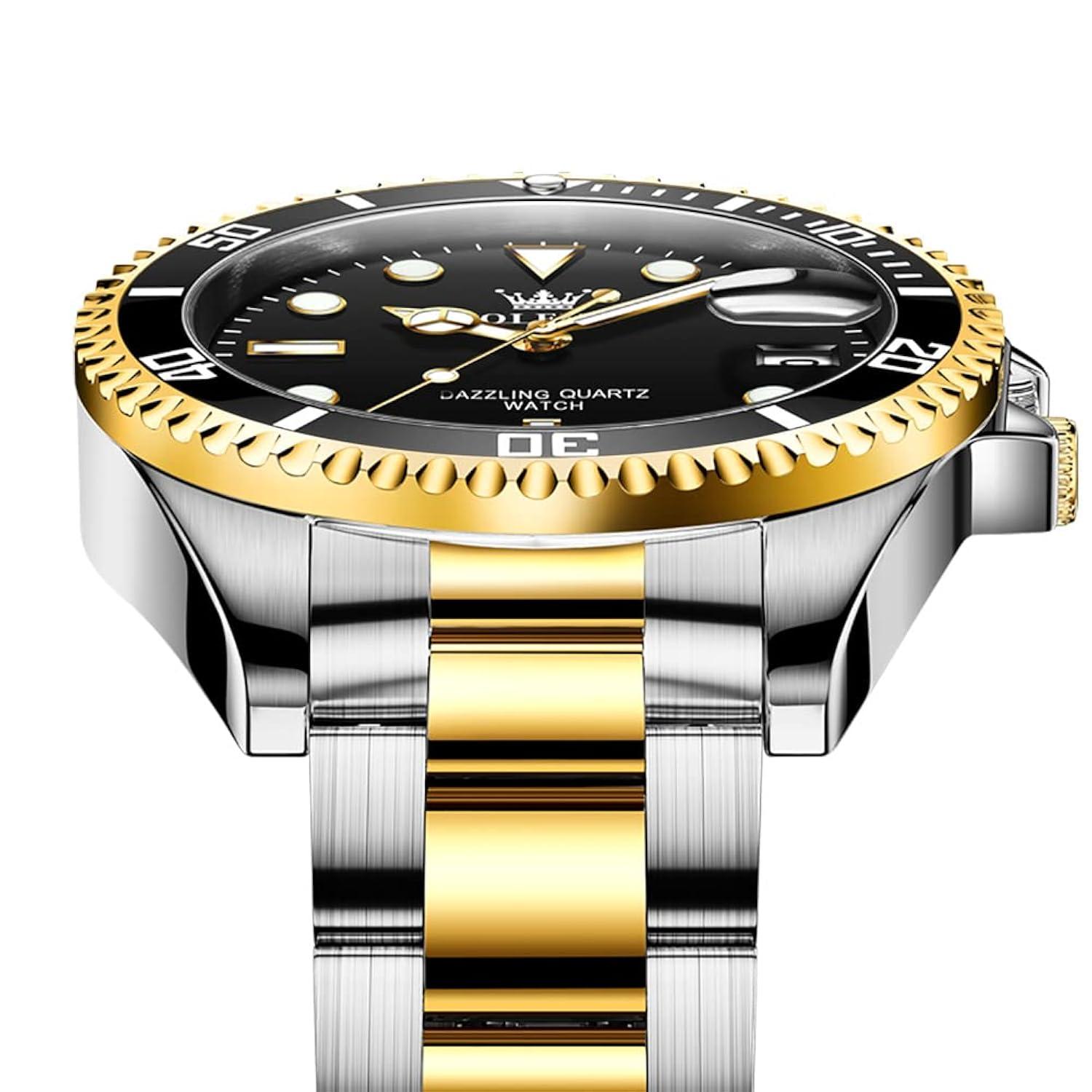 OLEVS Men Watch,Big Dial Watches for Men Stainless Steel Watch with Day Waterproof Analog Quartz Watches for Man Classic Business Wristwatch Luxury Luminous Round for Men Rotatable Bezel Watch