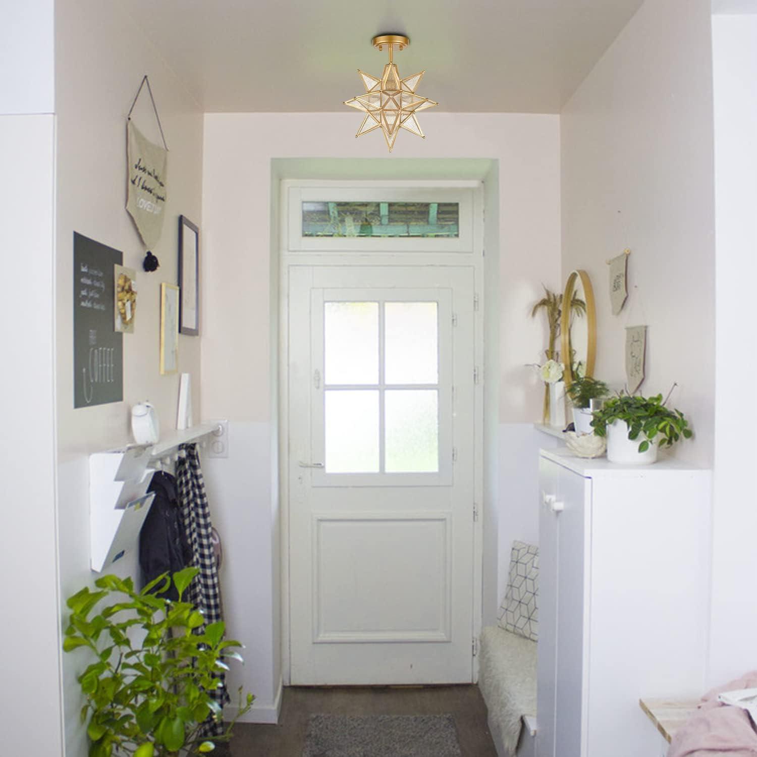 TANMAO  10-Inch Moravian Star Ceiling Light, Boho Moroccan Lamp with Seeded Glass Shade, Moravian Star Ceiling Light Modern Brass Flush Mount Lights for Office, Living Room, Dining Room, Kitchen