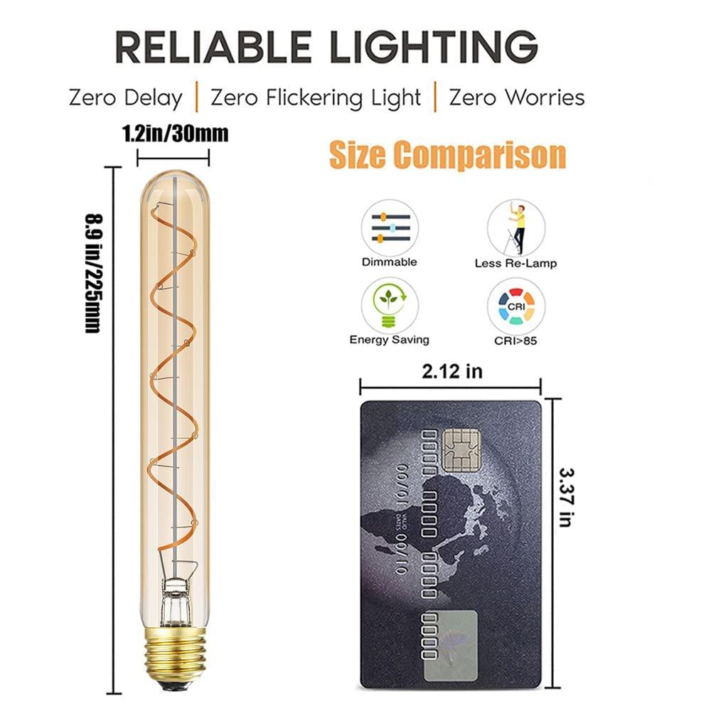 Leools T10 Led Long Bulbs 8W,E26 Dimmable Tubular Bulb,Equivalent 75 Watt, E26 Edison Style Vintage LED Filament Light Bulb,2700K Warm White,8.9in(225mm),4-Pack.