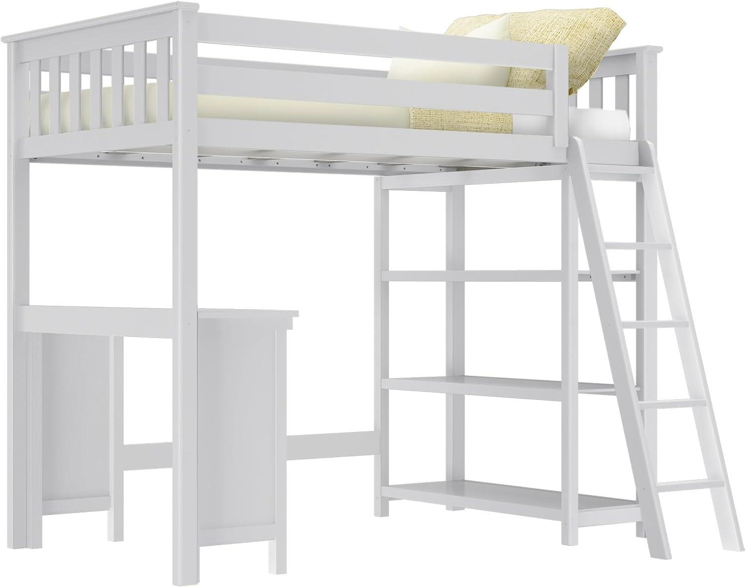Max & Lily Loft Bed, Solid Wood Twin High Loft Bed with Bookcase and Desk for Kids, White