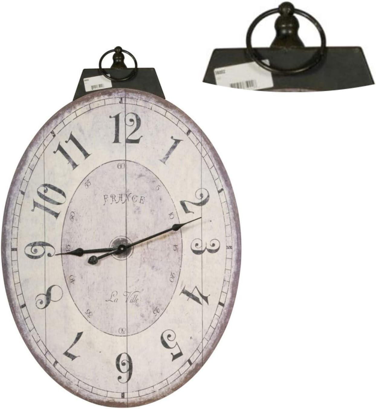 Distressed White and Brown Oval Wooden Wall Clock with Metal Loop