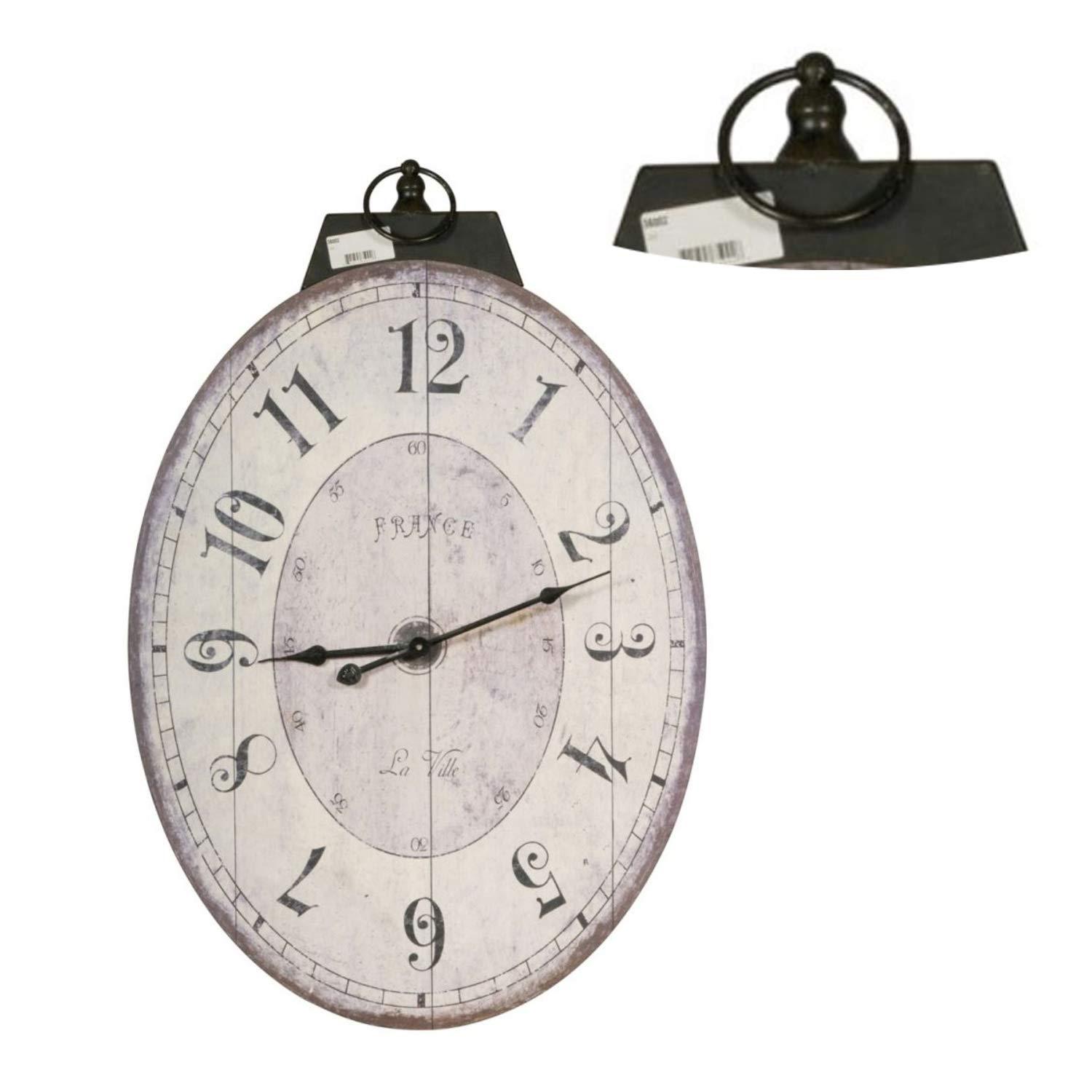 Distressed White and Brown Oval Wooden Wall Clock with Metal Loop