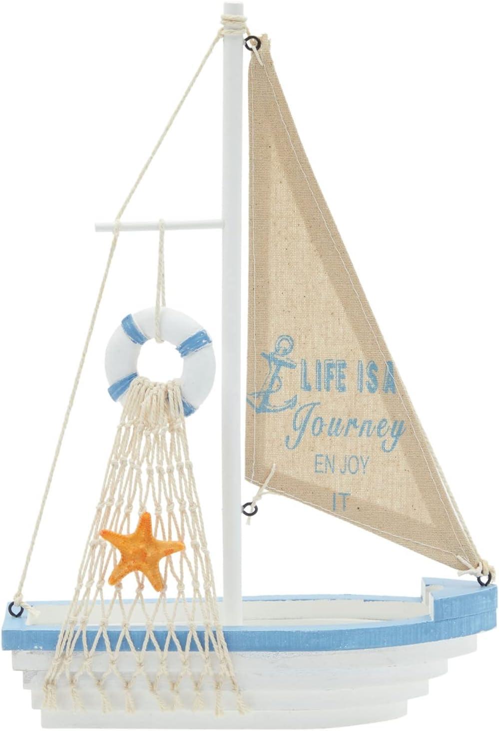 Life is A Journey, Enjoy It Wooden Sailboat Model with Flag, Net, Starfish, and Floating Tube for Nautical Home and Bathroom Boat Decor, Countertop, Shelf (13x8x3 in)