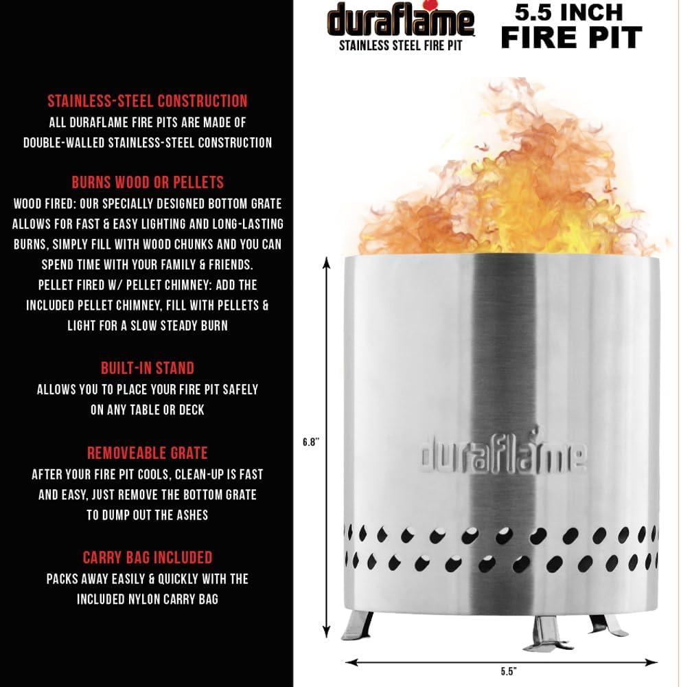 Duraflame 5.5 inch Table Top Fire Pit with Built-in Stand & Removable Grate, Low Smoke, Portable Mini Fire for Outdoor Use, Wood or Pellets, Double Walled Stainless Steel, with Travel Bag Included.