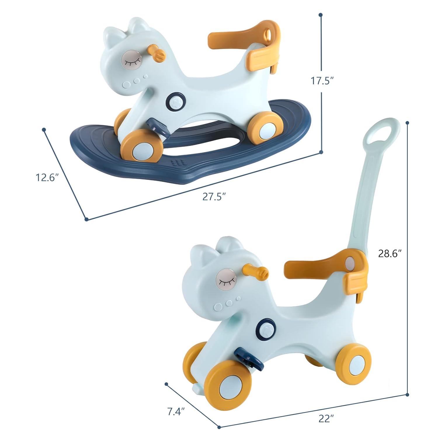 4 in 1 Rocking Horse for Toddlers 1-3 Years Old, Baby Rocking Toy Fun Birthday Gift for 1+ Boys, Ride on Toy with Detachable Balance Board and Footrest，Balance Bike with Push Handle，Blue