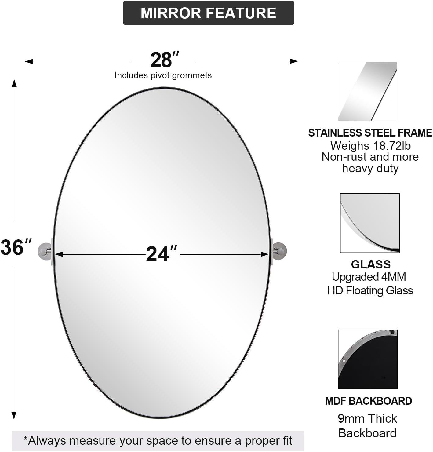 ANDY STAR Oval Bathroom Mirror, 24" x 36" Chrome Stainless Steel Metal Frame Vanity Mirror for Over Sink with Adjustable Tilting Design, Pivoting Mirror for Modern Wall Decor