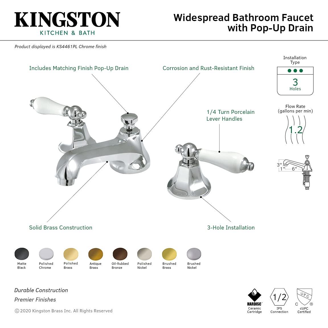 Kingston Brass Metropolitan Two-Handle 3-Hole Deck Mount Widespread Bathroom Faucet with Brass Pop-Up Drain