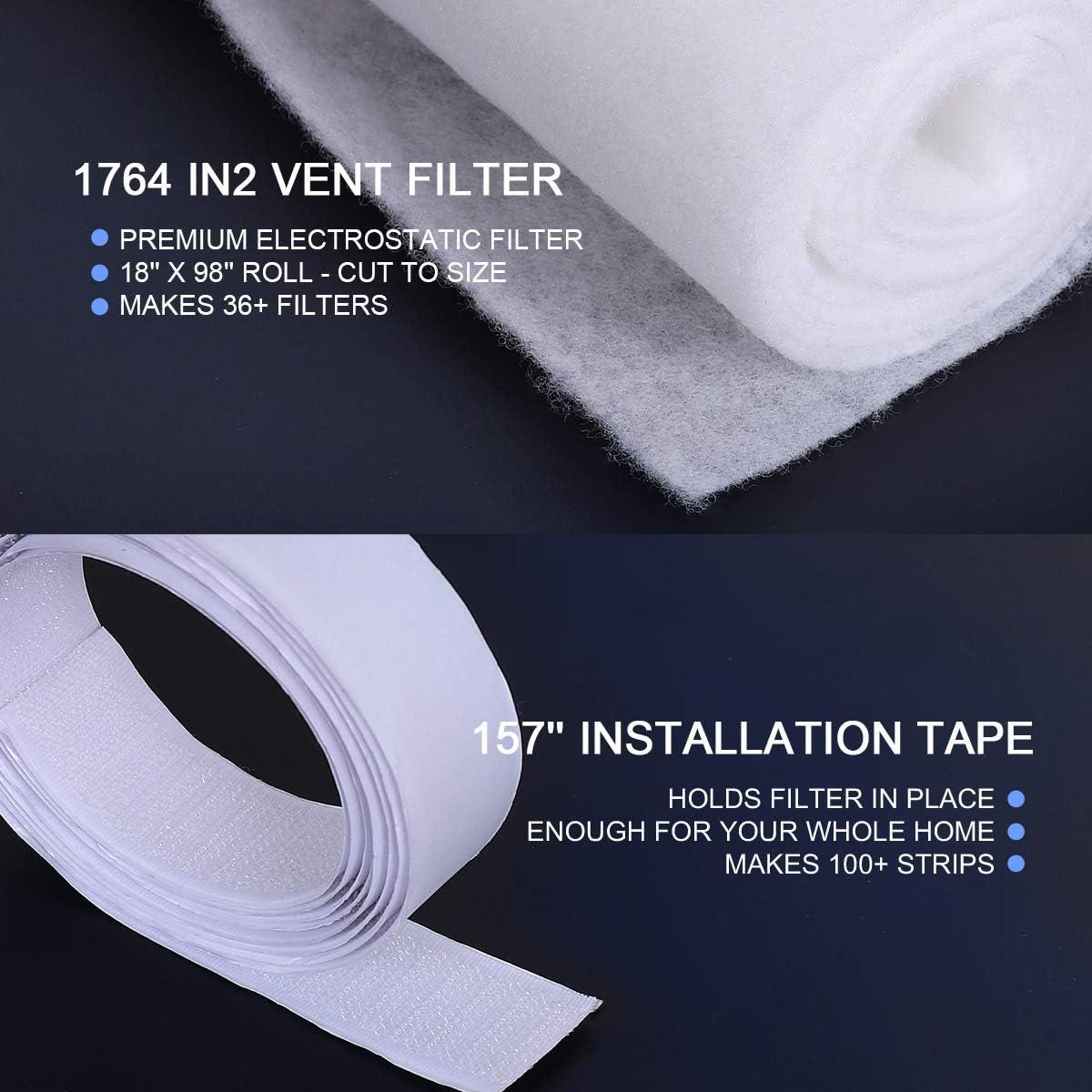 Complete Air Vent Filters Kit- 98‘’ x 18'' Electrostatic Media With 157" of Installation Tape 36+ Filters per Roll for HVAC, AC & Heating Intake Registers & Grilles