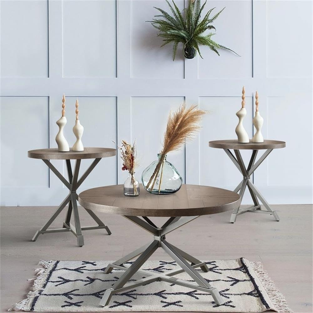 Industrial Brown and Gray Pine Veneer Round Table Set