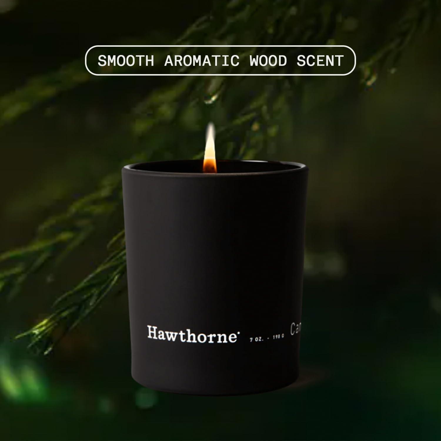 Hawthorne Aromatic & Woody Cologne-Scented Candle. Notes of Fresh Pine, Woody Vetiver, Sweet Musk, and Sandalwood. Soy Blend Wax. 7 Oz. About 50 Hours of Burn Time. C43