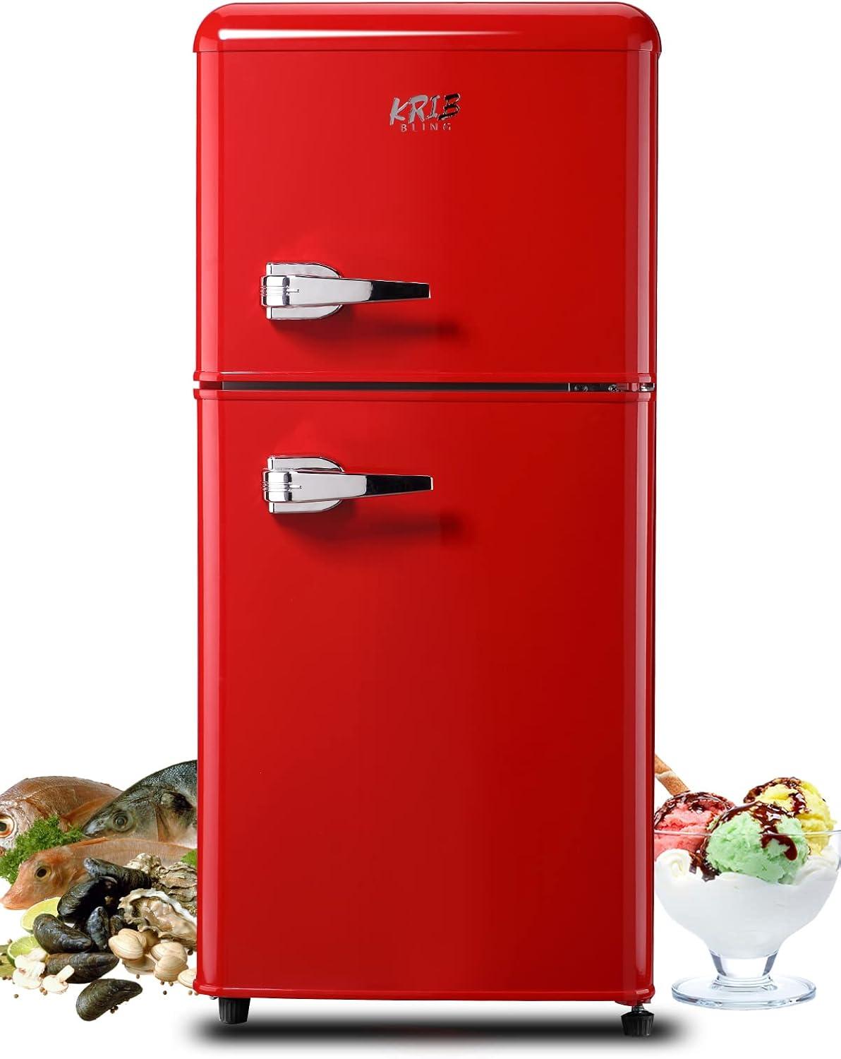 Krib Bling 3.5Cu.ft Compact Refrigerator with 7 Level Thermostat, Mini Fridge with Freezer, 2 Door Portable Fridge with Removable Glass Shelves, Suitable for Kitchen, Apartment, Dorm, Bar Red