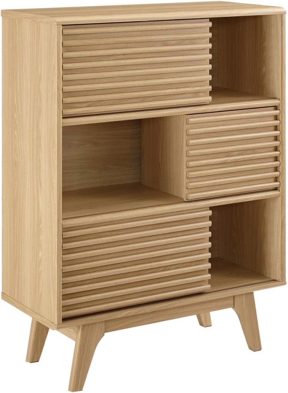 Render 3 Tier Display Storage Cabinet Stand Oak - Modway: Modern Media Console, Vinyl Record Organizer