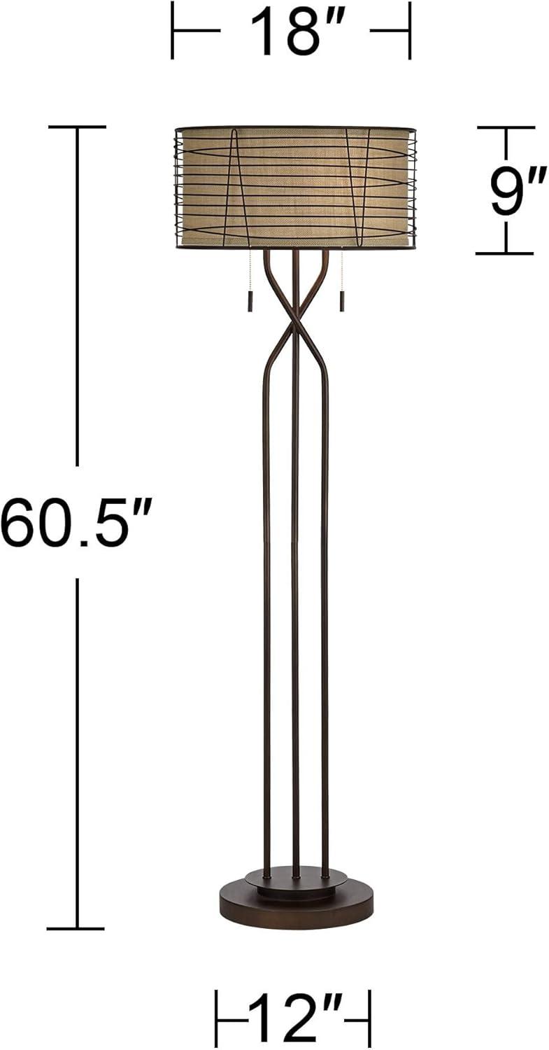 Franklin Iron Works Marlowe Rustic Farmhouse Floor Lamp 60 1/2" Tall Bronze Metal Oster Woven Burlap Fabric Inner Drum Shade for Living Room Bedroom