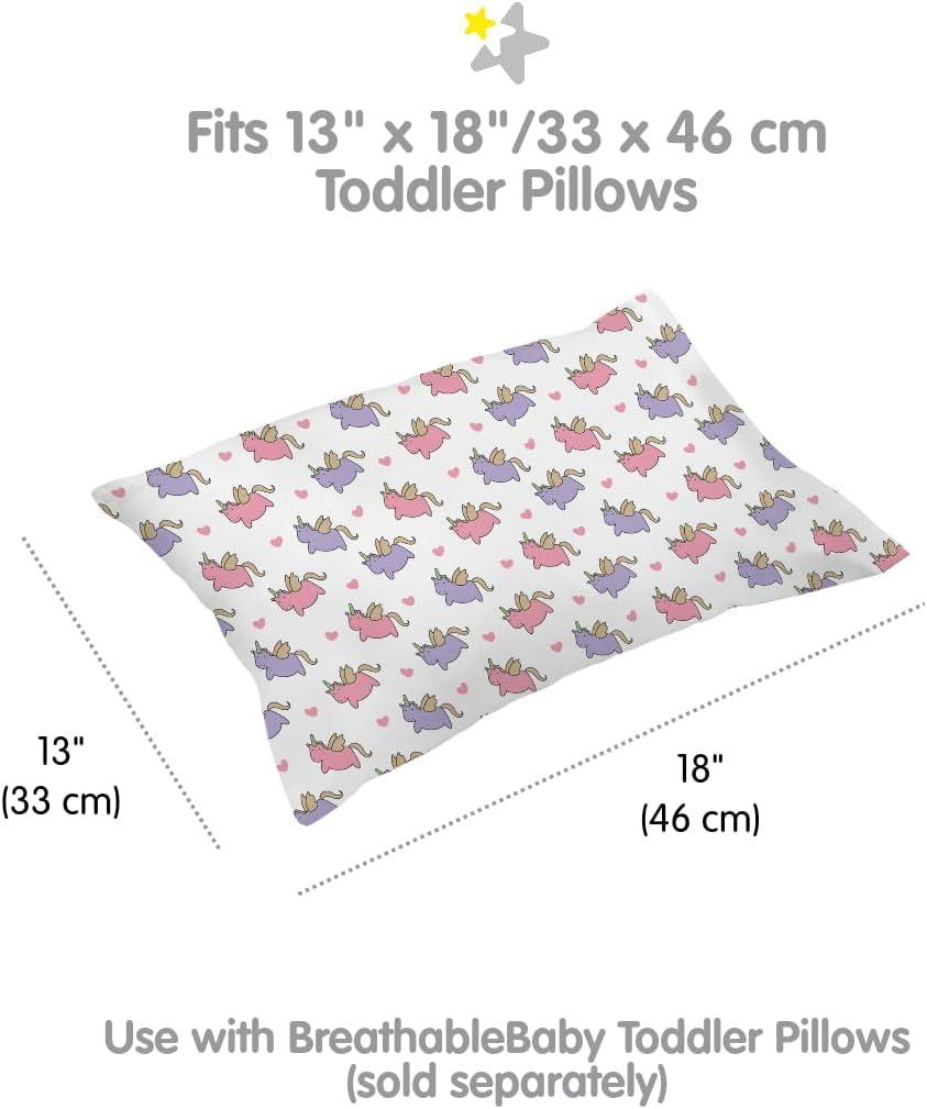 BreathableBaby Cotton Percale Pillowcase, For 13" x 18"/33 x 46 cm Toddler Pillow, Unicorns (2-Pack)