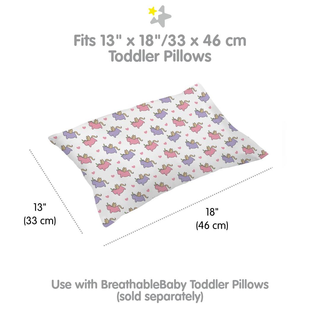 BreathableBaby Cotton Percale Pillowcase, For 13" x 18"/33 x 46 cm Toddler Pillow, Unicorns (2-Pack)