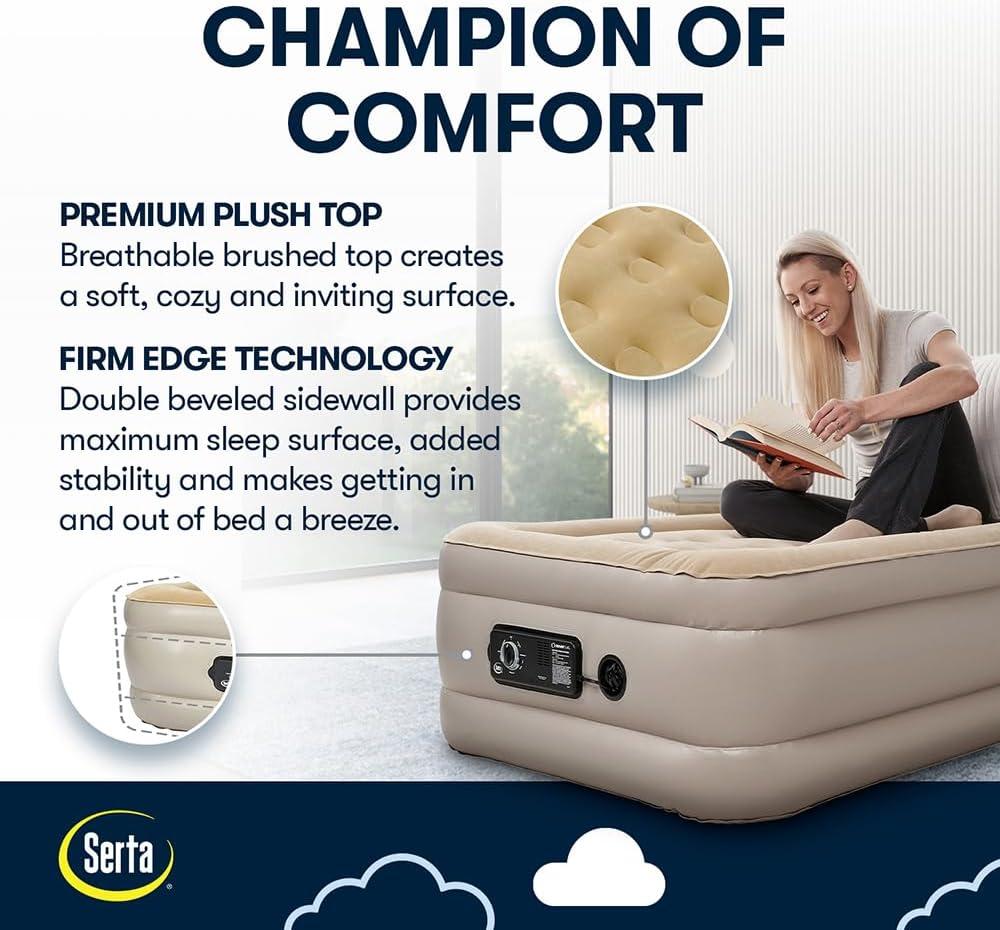 Serta Raised Air Mattress with Never Flat Pump | Luxury Inflatable Mattress with Built in Air Pump to Ensure a Good Night’s Rest | Heavy Duty Blow Up Mattress with Self Inflating Pump
