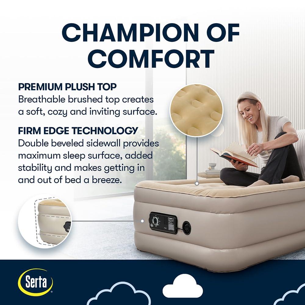 Serta Raised Air Mattress with Never Flat Pump | Luxury Inflatable Mattress with Built in Air Pump to Ensure a Good Night’s Rest | Heavy Duty Blow Up Mattress with Self Inflating Pump