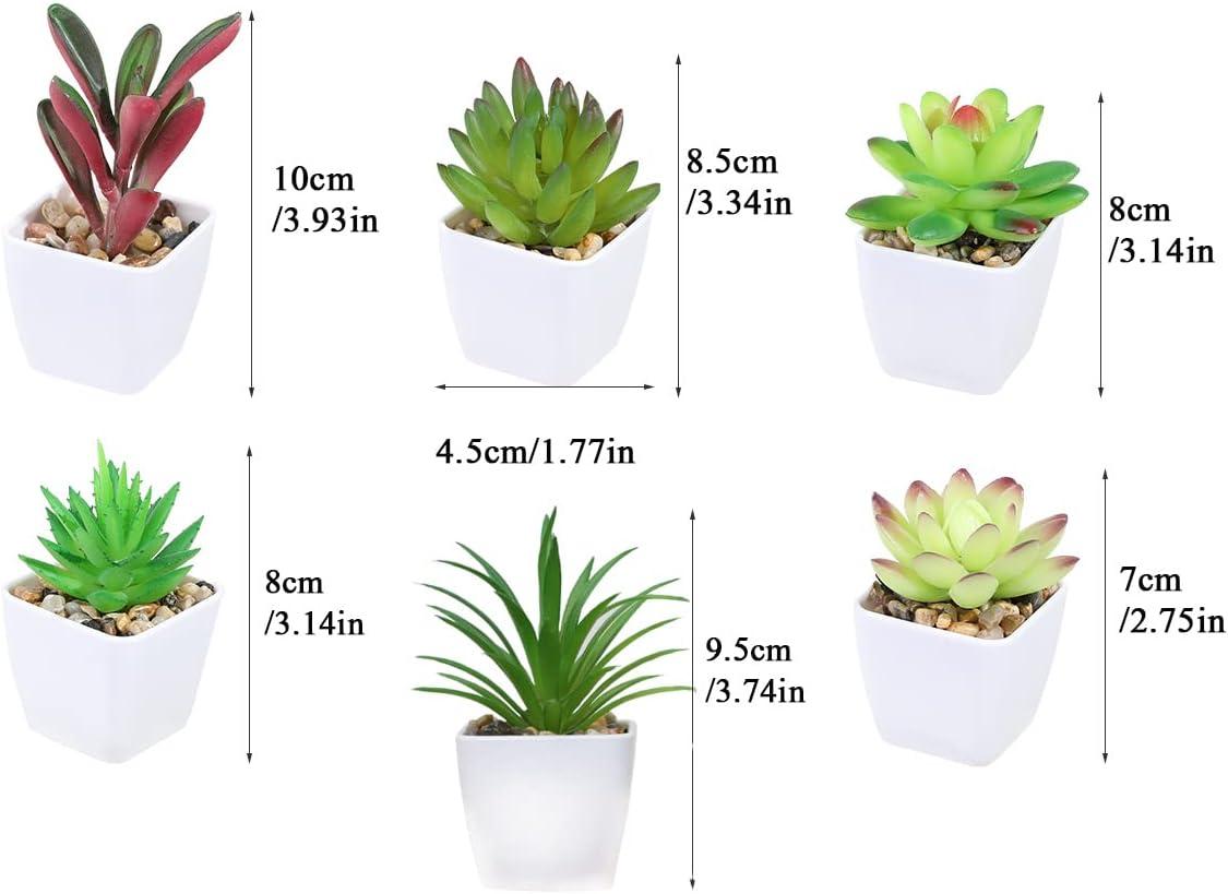 Mini Assorted Green and Red Plastic Succulent Plants in White Pots, Set of 6