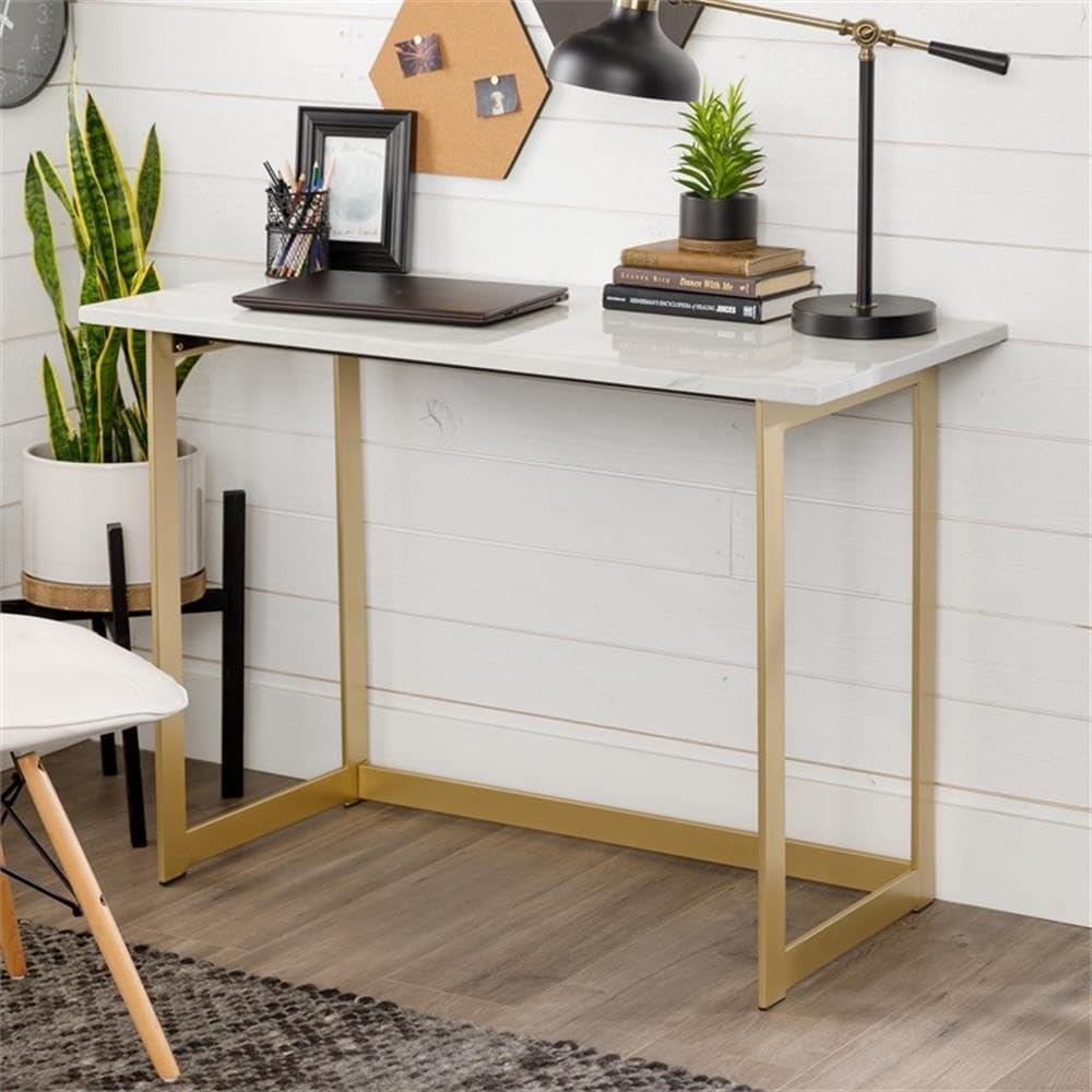 Walker Edison 42" Faux Marble Desk with White Faux Marble Top and Gold Base