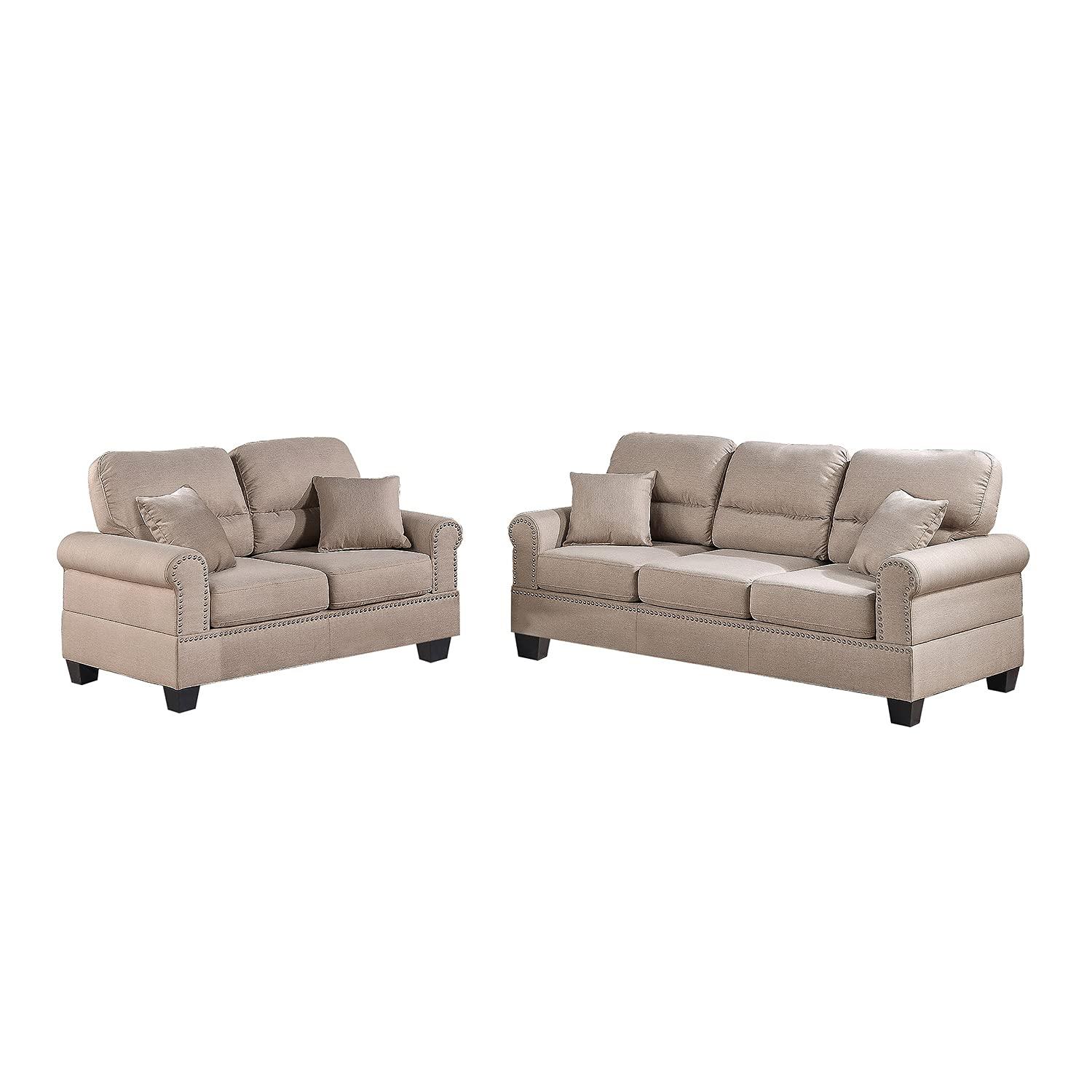 Poundex Furniture 2 Piece Fabric Sofa and Loveseat Set in Sand Tan Color
